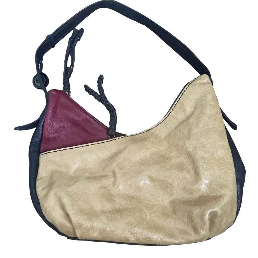 The Sak‎ Colorblock Leather Hobo Shoulder Bag Burgundy Beige Black Braided Strap